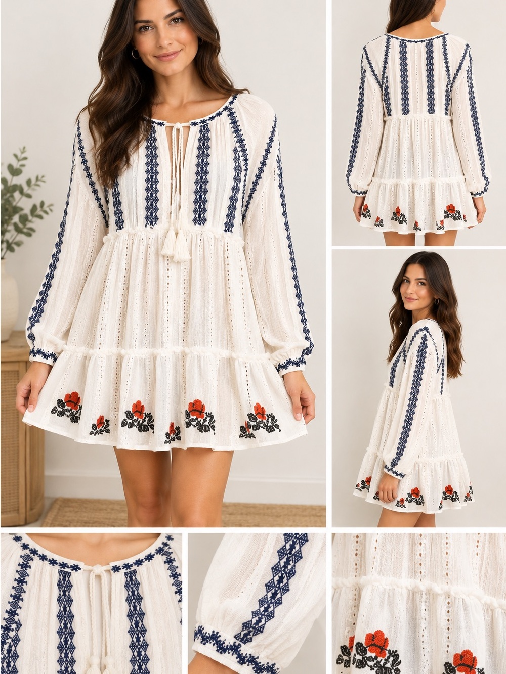 Free People Embroidered Ivory Mini Dress with Navy Trim and Red Floral Hem